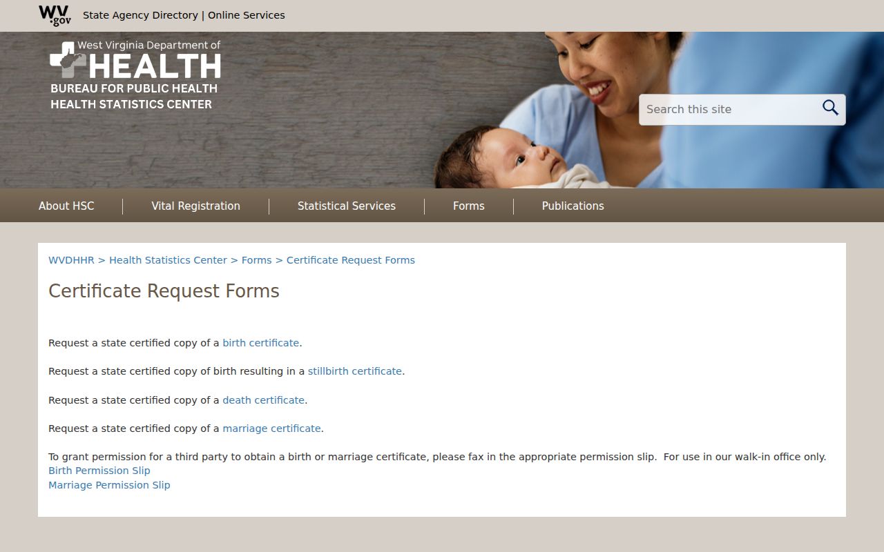 West Virginia vital-record certificate request forms for Raleigh County birth, death, and marriage records
