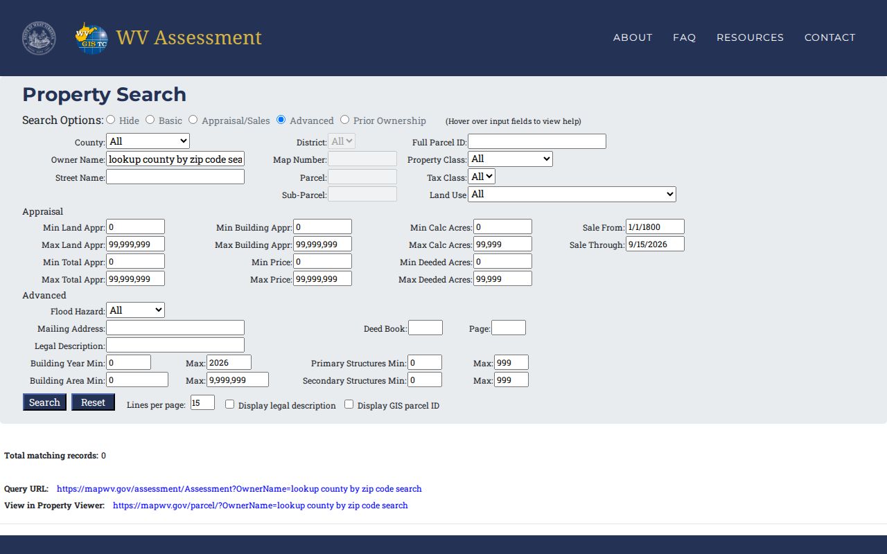 Raleigh County property search fields in the West Virginia assessment portal